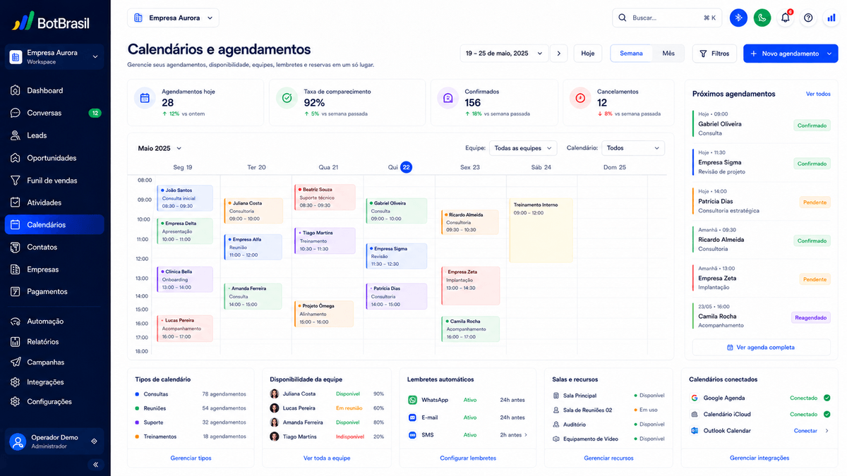 Calendário de agendamento online da BotBrasil com horários disponíveis e confirmação automática — BotBrasil para construtoras