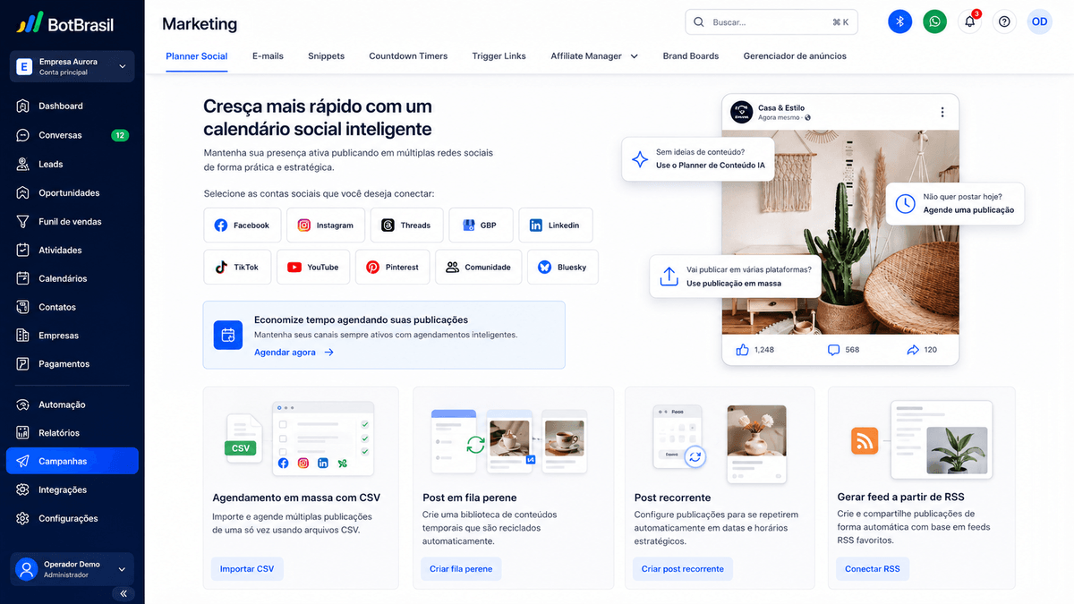 Painel de marketing da BotBrasil com gestão de redes sociais, campanhas e relatórios de conversão — BotBrasil para construtoras