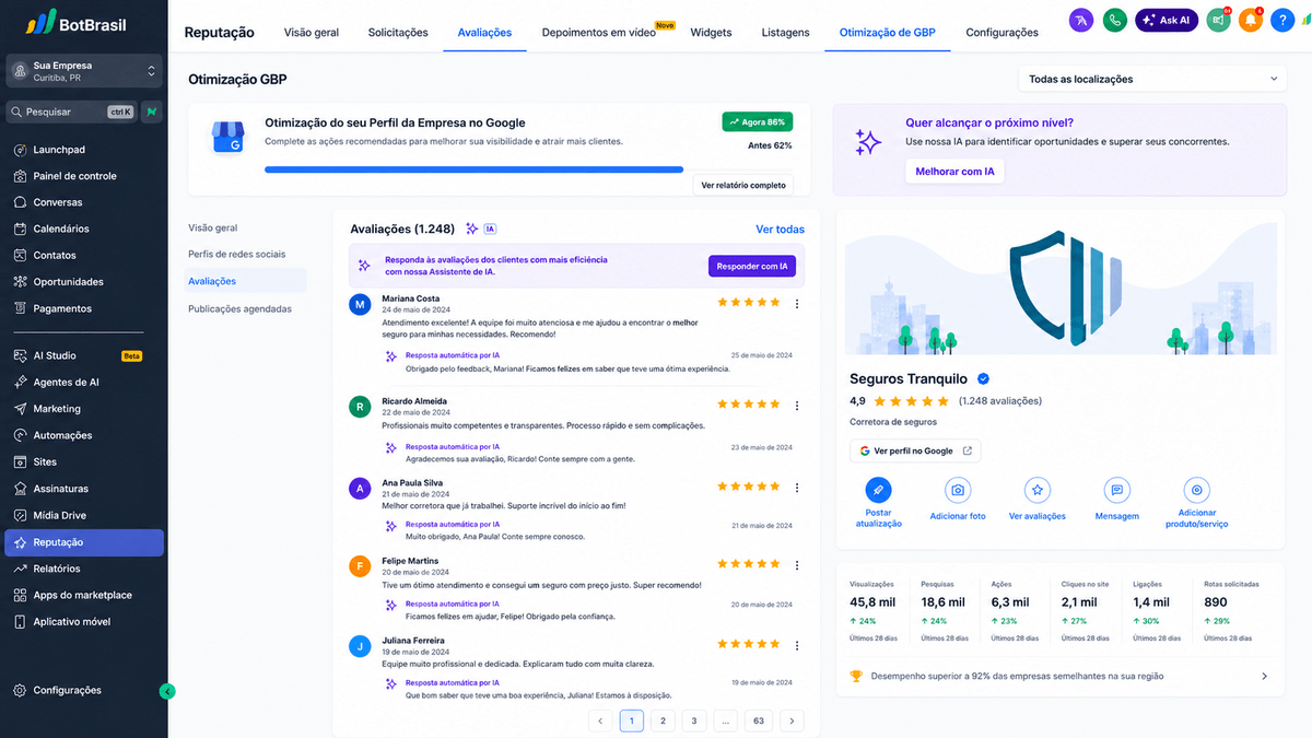 Painel de reputação online da BotBrasil com avaliações do Google, NPS e respostas automáticas — BotBrasil para construtoras